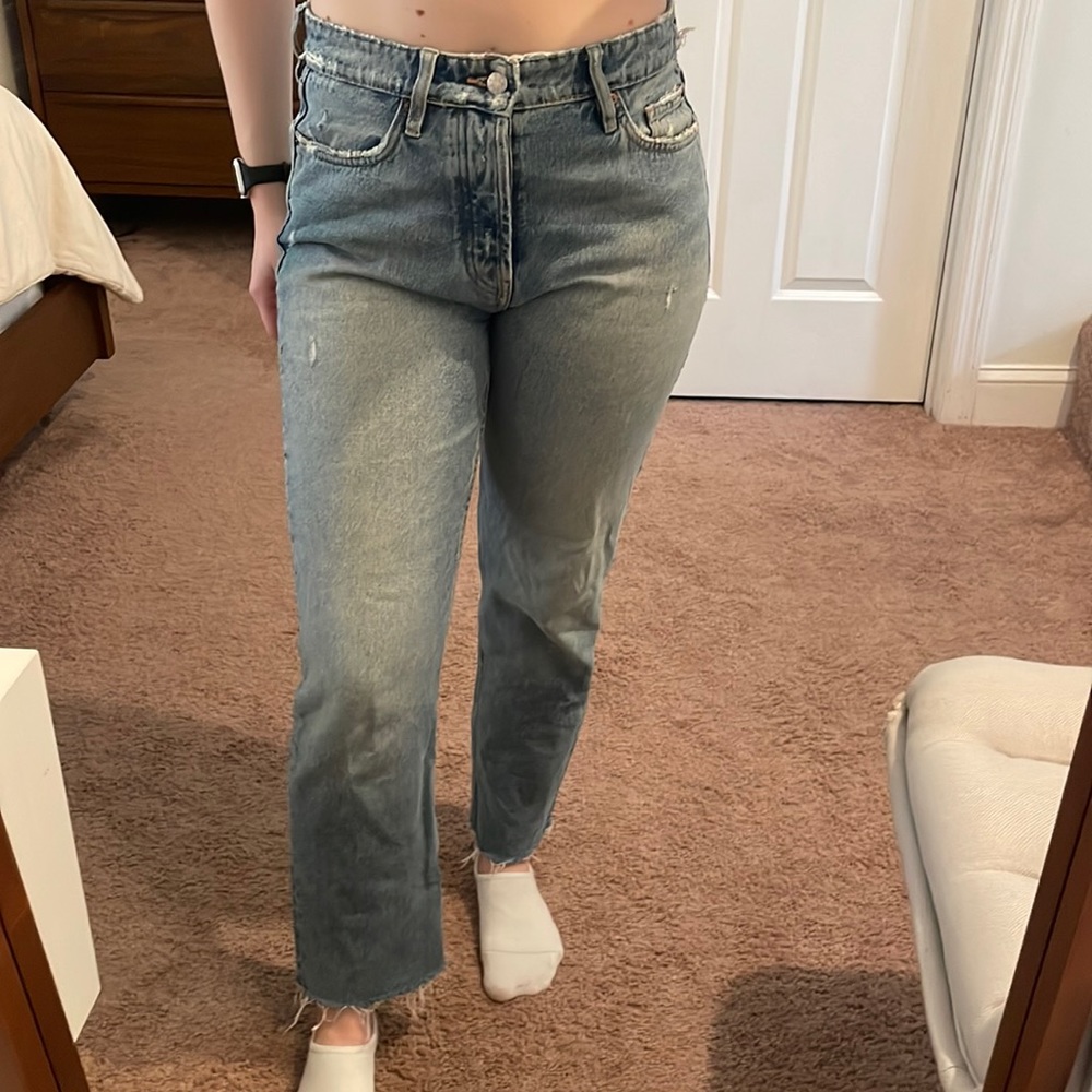 High Rise TRF Mom Jeans Straight Leg Distressed Ankle